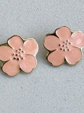 Vintage Cherry Blossom Enamel Earrings 1970s Gold Tone Metal Flower Pink Floral